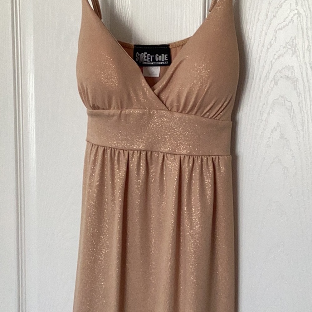 Vintage Y2K Gold glitter dress Sz M disco spaghetti strap EUC metallic